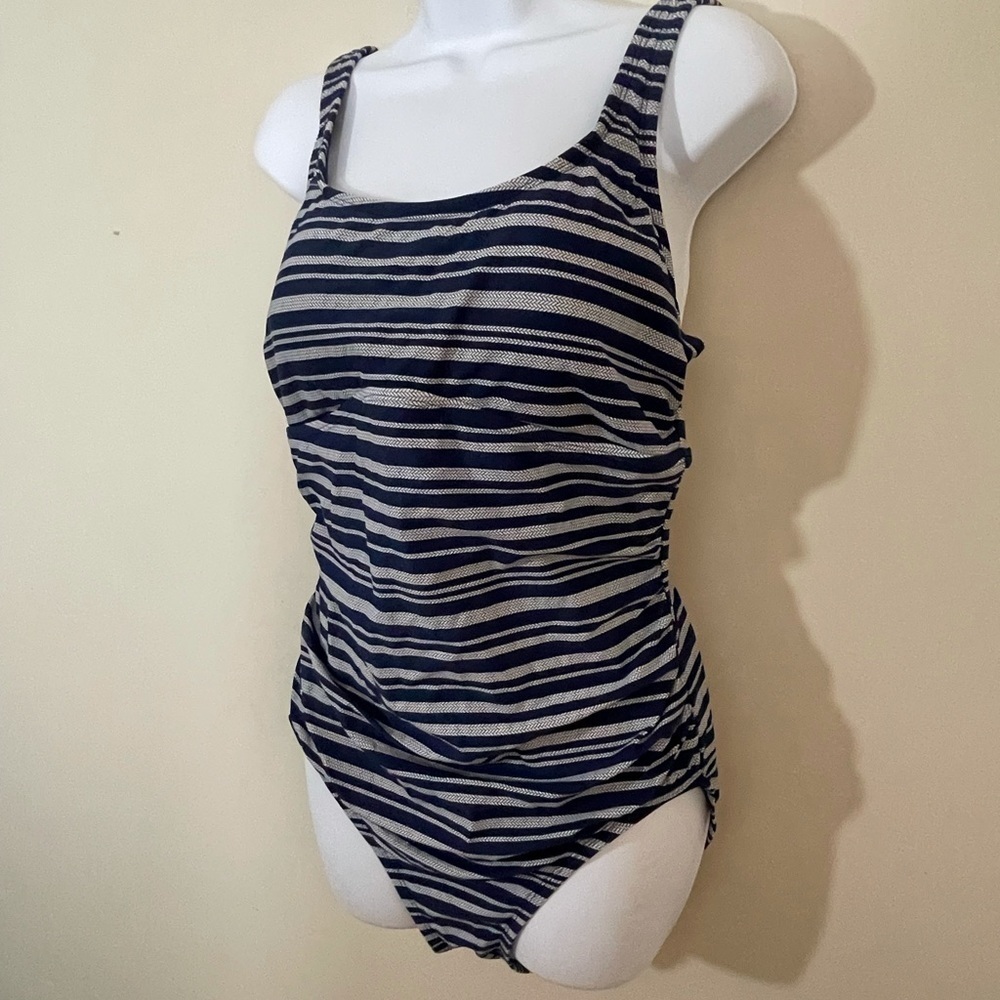 Merona sz lg navy stripe swimsuit stretchy cord - Picture 5 of 8